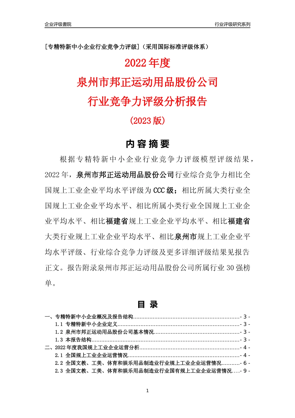 [专精特新]泉州市邦正运动用品股份公司行业竞争力评级分析报告(2023版)_第1页