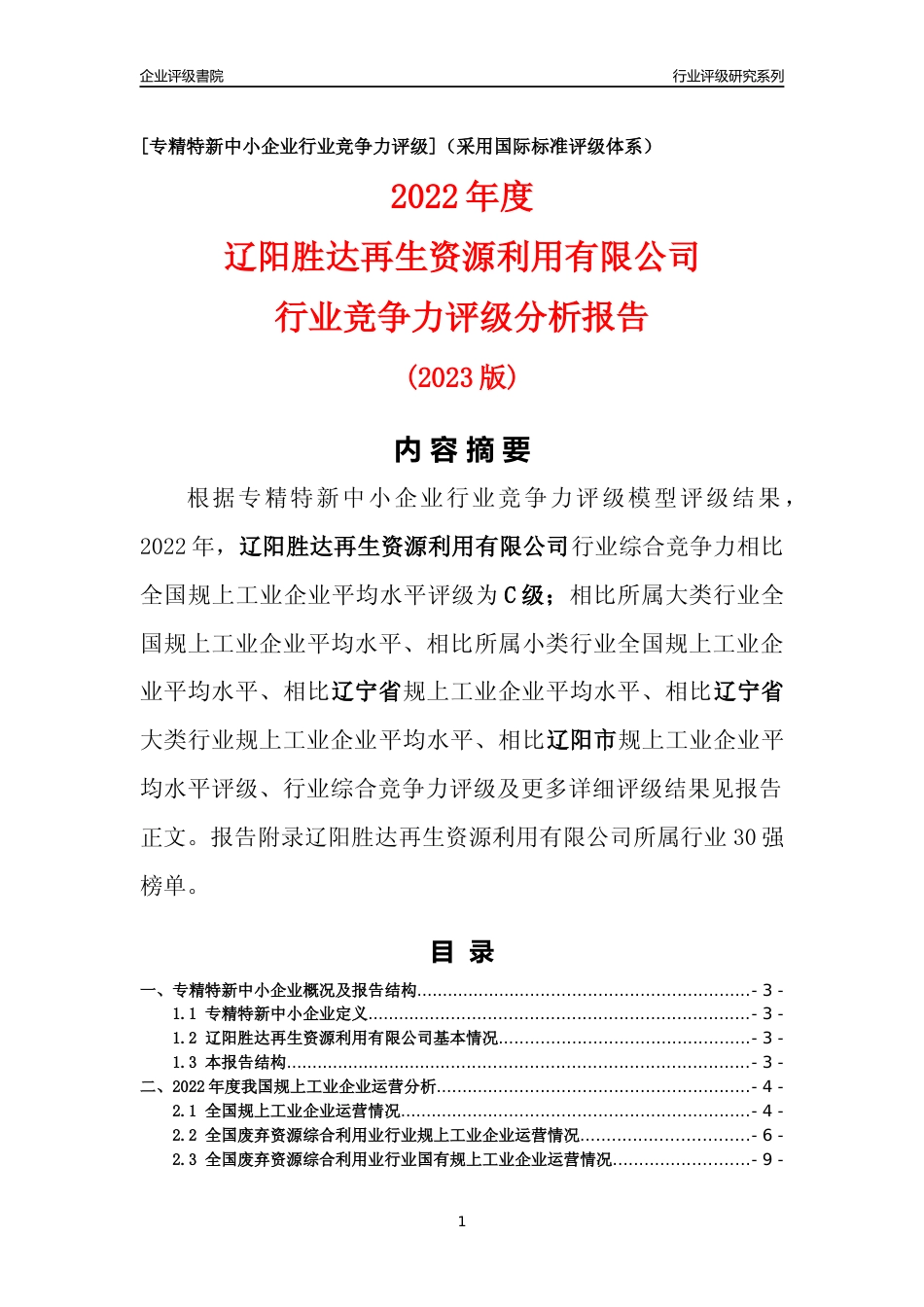 [专精特新]辽阳胜达再生资源利用有限公司行业竞争力评级分析报告(2023版)_第1页