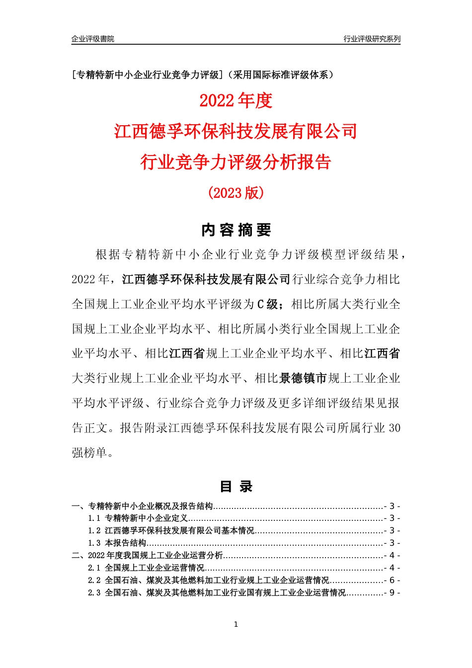 [专精特新]江西德孚环保科技发展有限公司行业竞争力评级分析报告(2023版)_第1页