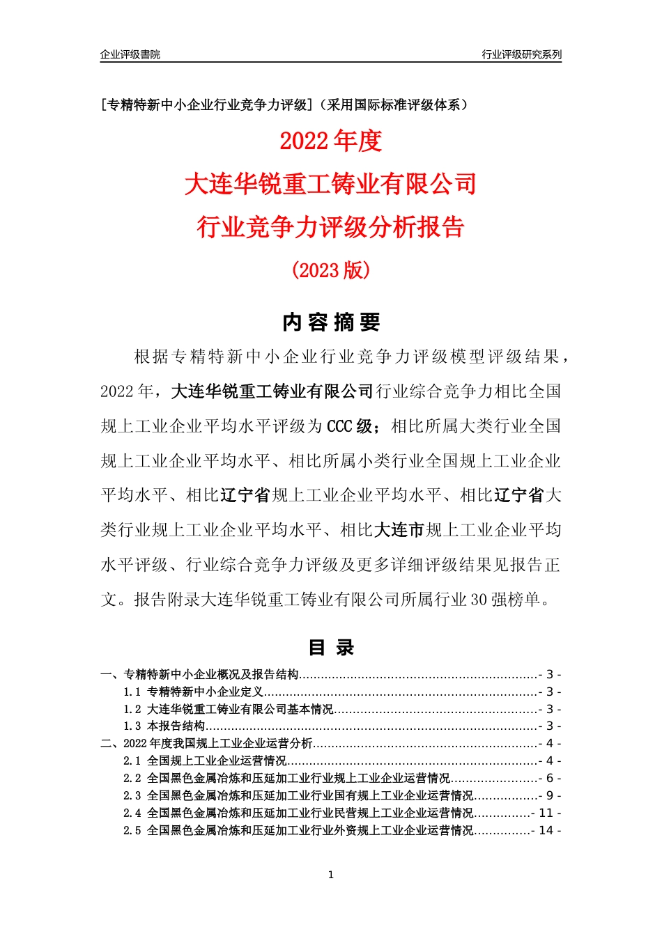 [专精特新]大连华锐重工铸业有限公司行业竞争力评级分析报告(2023版)_第1页