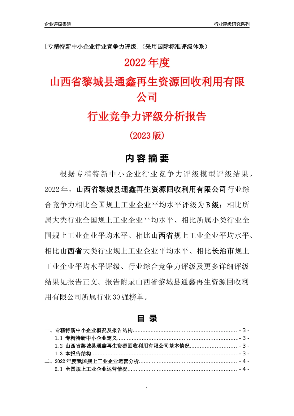 [专精特新]山西省黎城县通鑫再生资源回收利用有限公司行业竞争力评级分析报告(2023版)_第1页