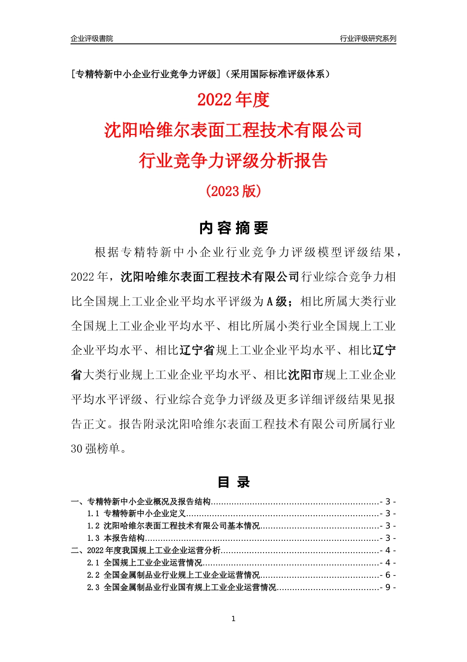 [专精特新]沈阳哈维尔表面工程技术有限公司行业竞争力评级分析报告(2023版)_第1页