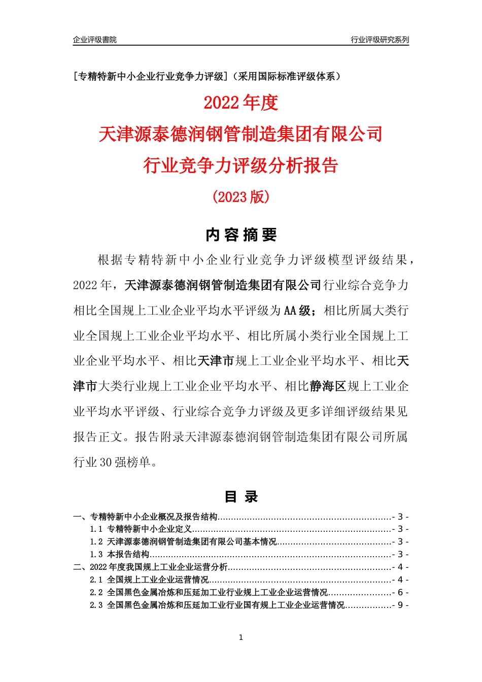[专精特新]天津源泰德润钢管制造集团有限公司行业竞争力评级分析报告(2023版)_第1页