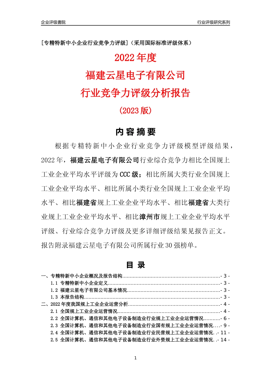 [专精特新]福建云星电子有限公司行业竞争力评级分析报告(2023版)_第1页