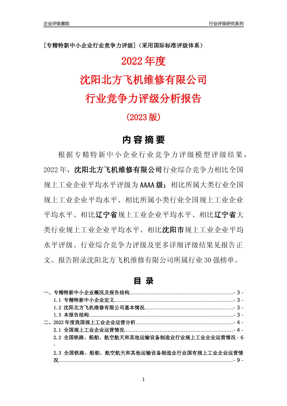 [专精特新]沈阳北方飞机维修有限公司行业竞争力评级分析报告(2023版)_第1页