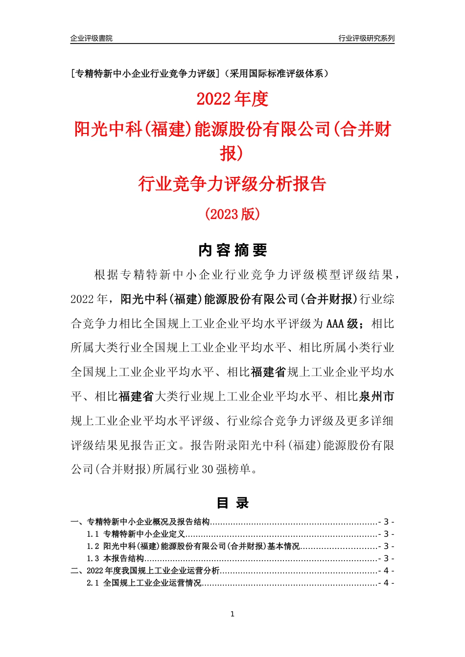 [专精特新]阳光中科(福建)能源股份有限公司(合并财报)行业竞争力评级分析报告(2023版)_第1页