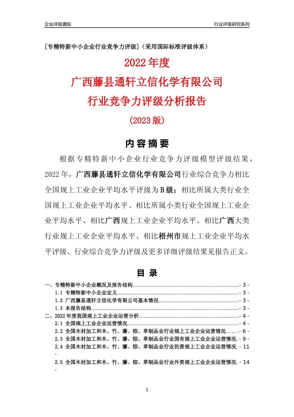 [专精特新]广西藤县通轩立信化学有限公司行业竞争力评级分析报告(2023版)_第1页