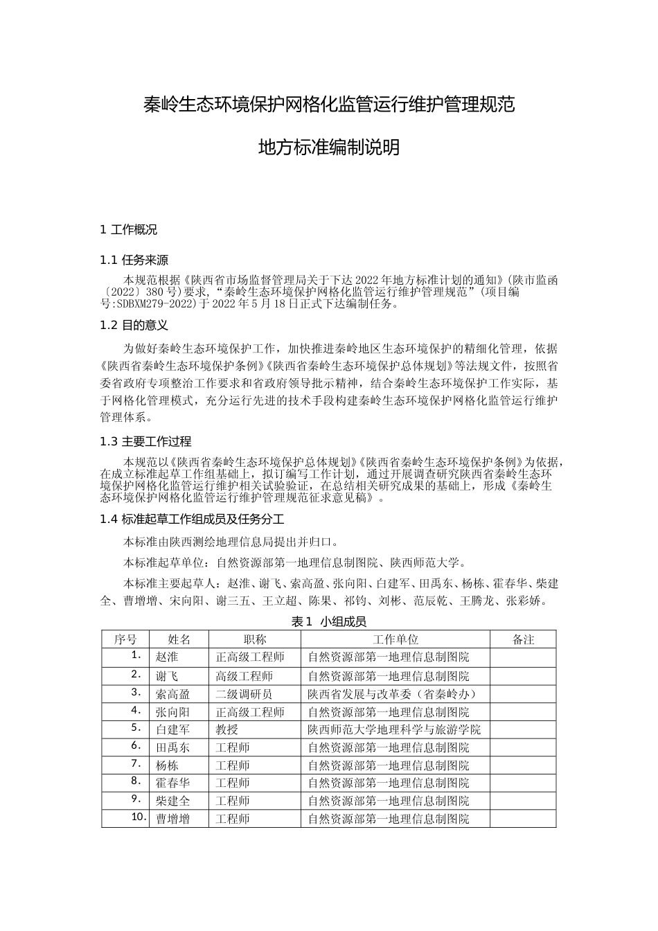 [地方标准] 秦岭生态环境保护网格化监管运行维护管理规范（征求意见稿）编制说明_第1页