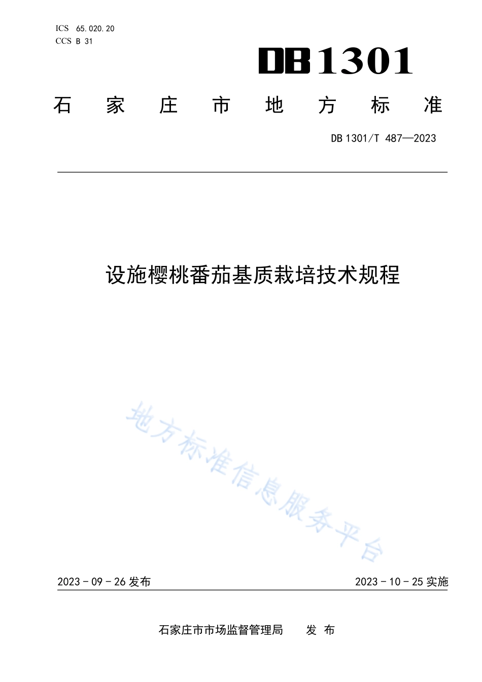 [地方标准] DB1301_T+487-2023+设施樱桃番茄基质栽培技术规程_第1页