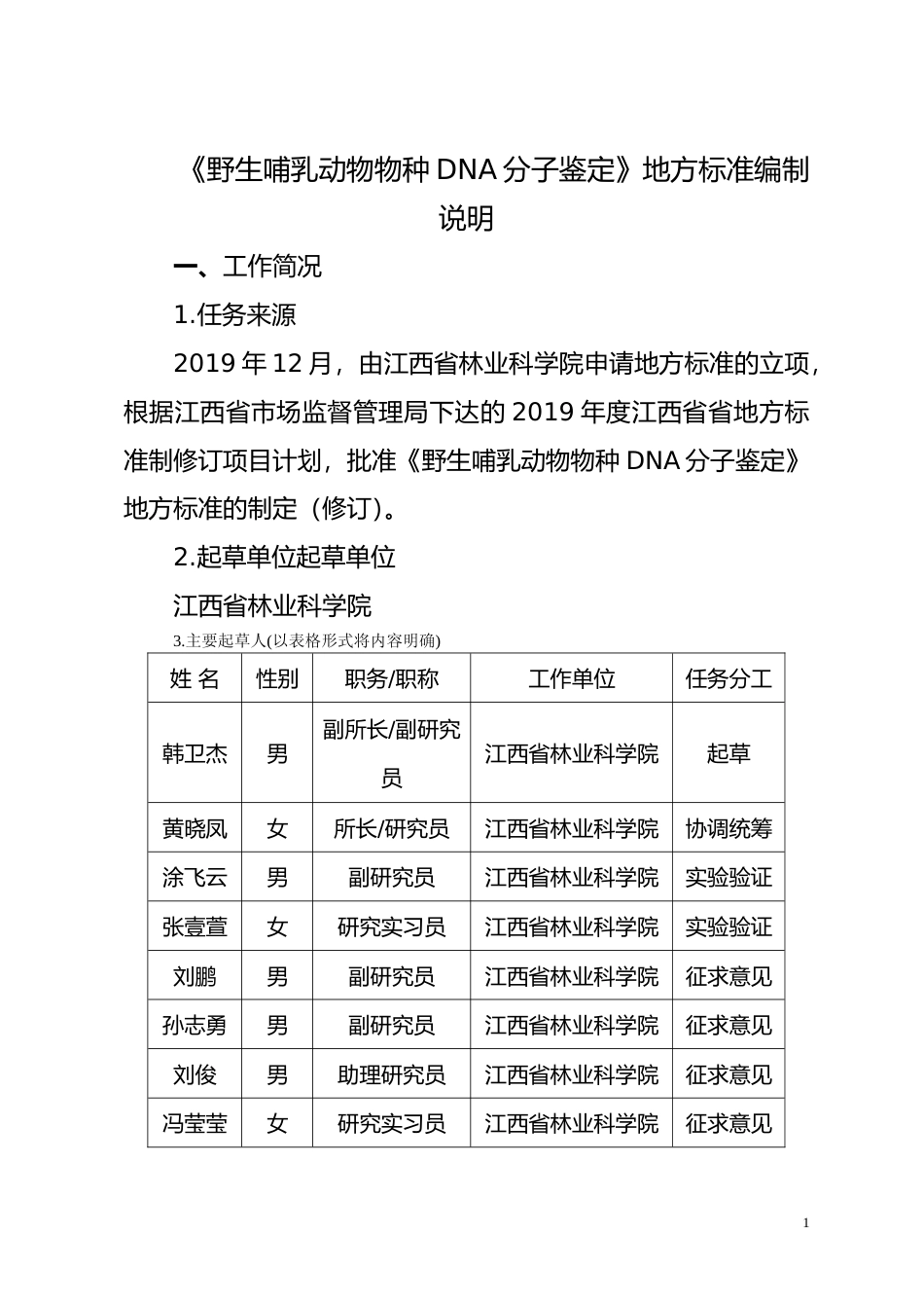 [地方标准] 野生哺乳动物物种DNA分子鉴定技术规程  编制说明_第1页