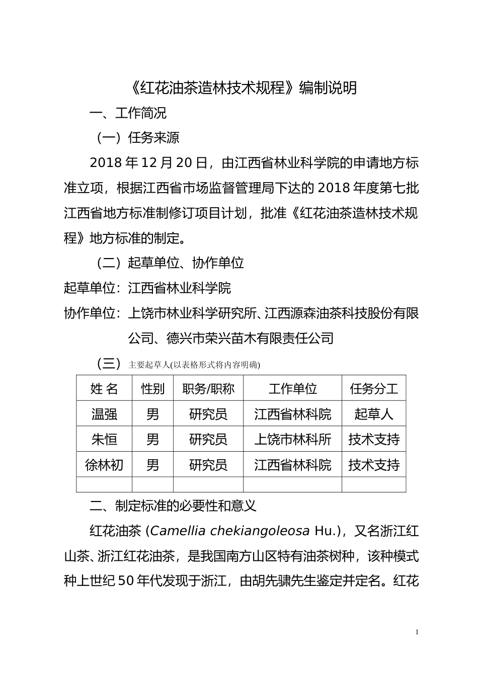 [地方标准] 红花油茶造林技术规程  编制说明_第1页