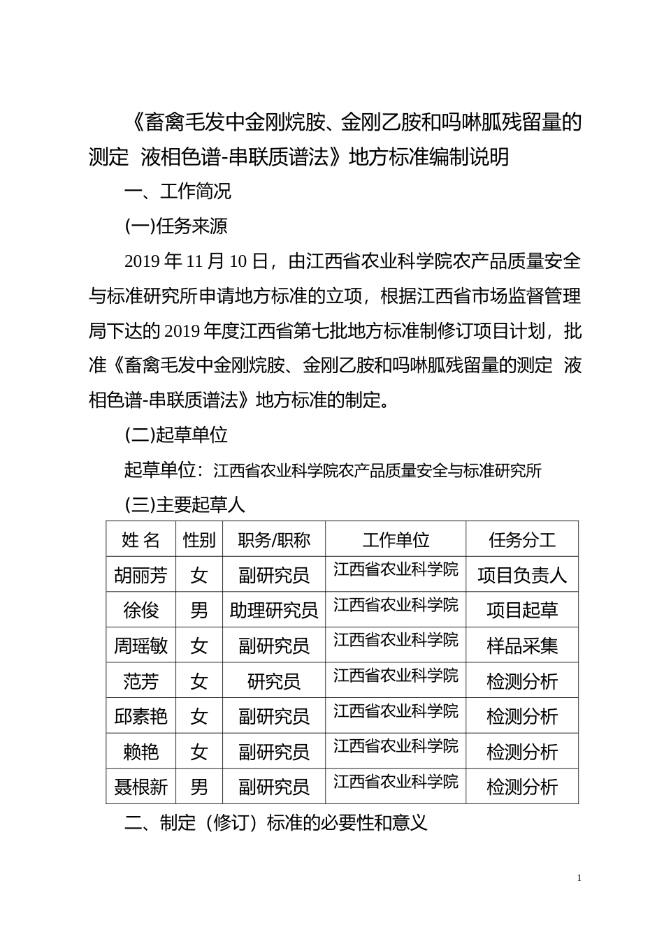 [地方标准] 畜禽毛发中金刚烷胺、金刚乙胺和吗啉胍残留量的测定  编制说明_第1页