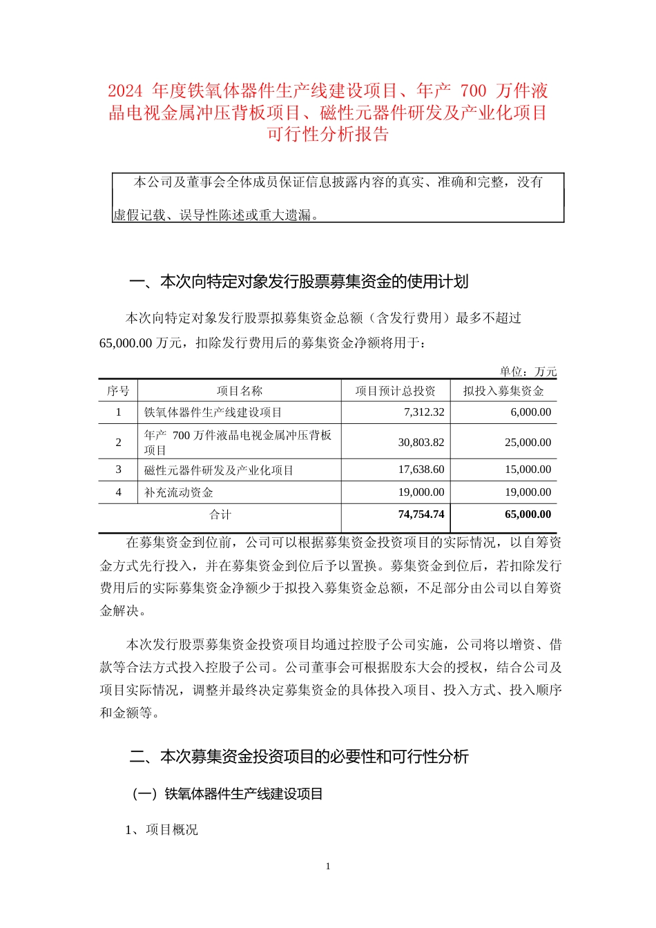2024 年度铁氧体器件生产线建设项目、年产 700 万件液晶电视金属冲压背板项目、磁性元器件研发及产业化项目可行性分析报告_第1页