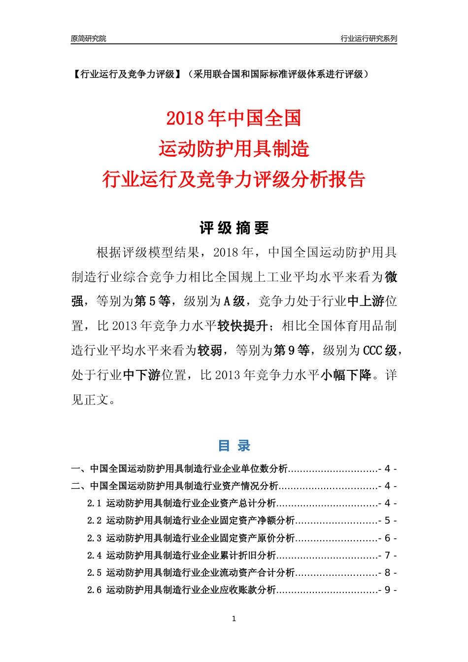 [行业年报]2018年中国全国运动防护用具制造行业运行及竞争力评级分析报告_第1页