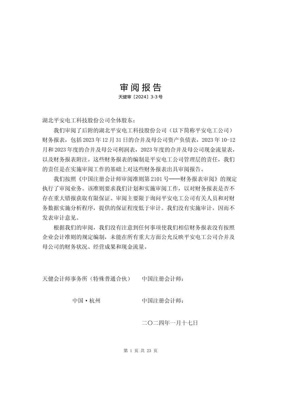 平安电工：公司财务报表及审阅报告（2023年度）_第2页