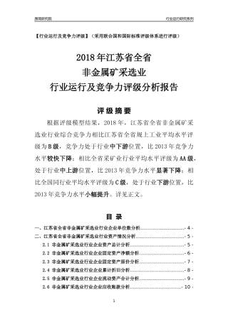 [行业年报]2018年江苏省全省非金属矿采选业行业运行及竞争力评级分析报告