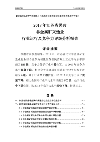 [行业年报]2018年江苏省民营非金属矿采选业行业运行及竞争力评级分析报告
