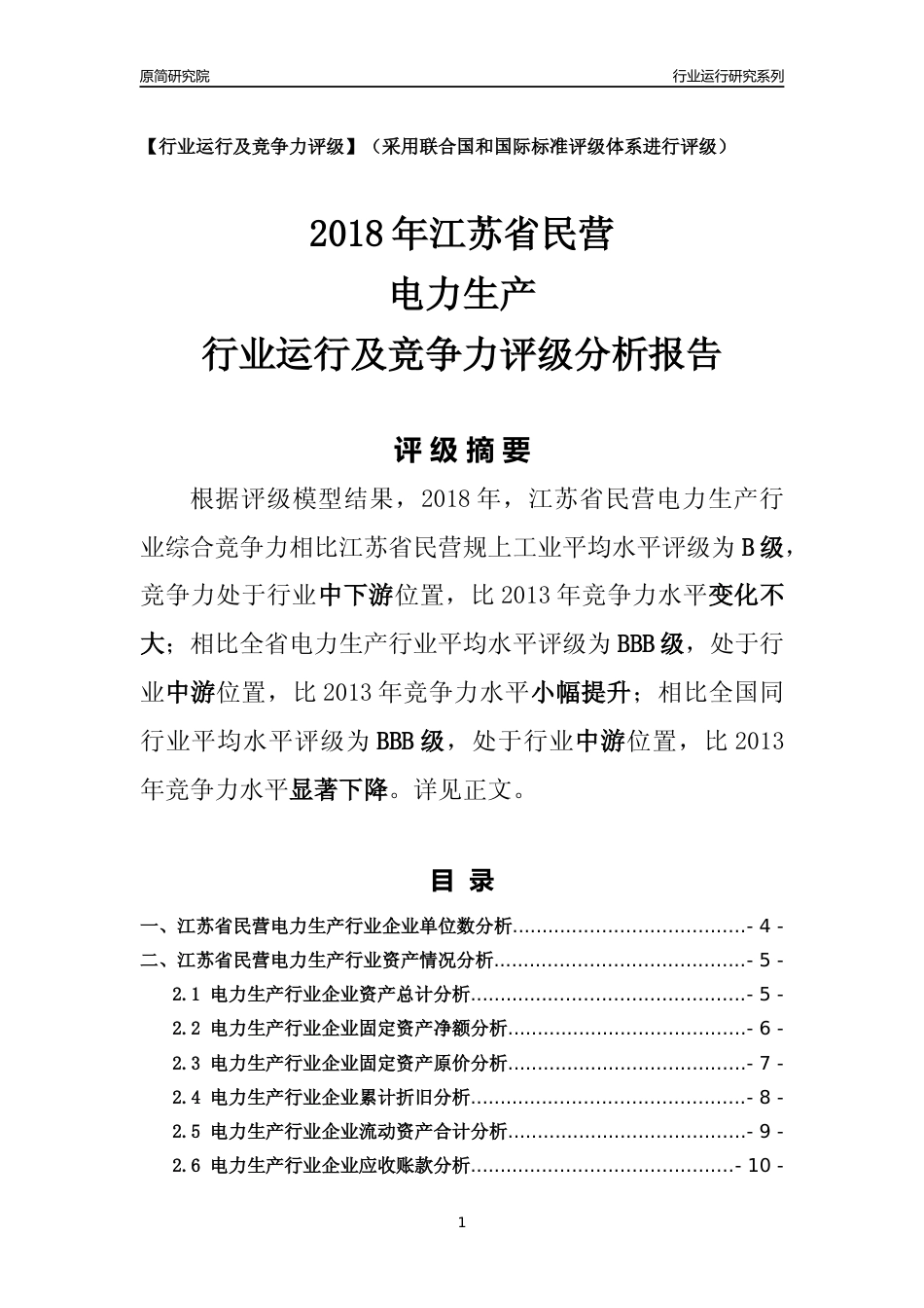 [行业年报]2018年江苏省民营电力生产行业运行及竞争力评级分析报告_第1页
