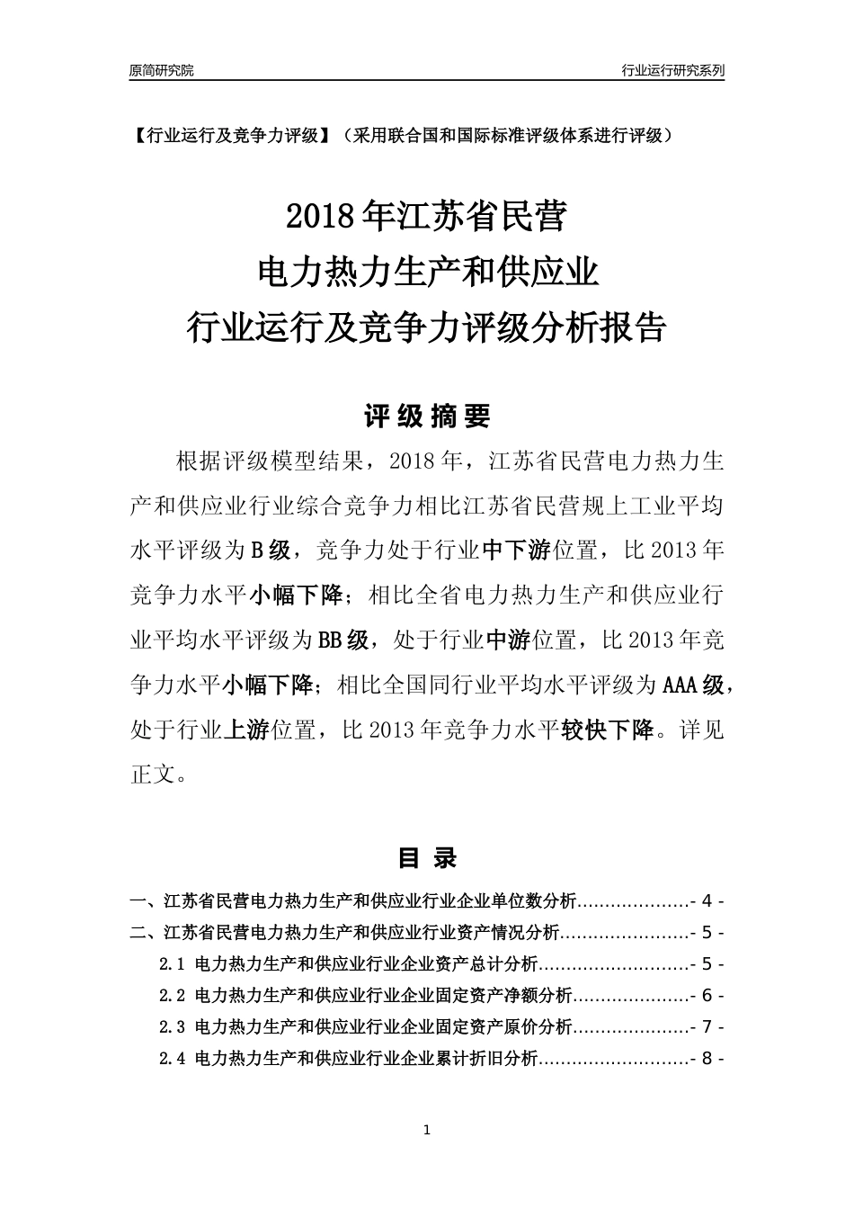 [行业年报]2018年江苏省民营电力热力生产和供应业行业运行及竞争力评级分析报告_第1页