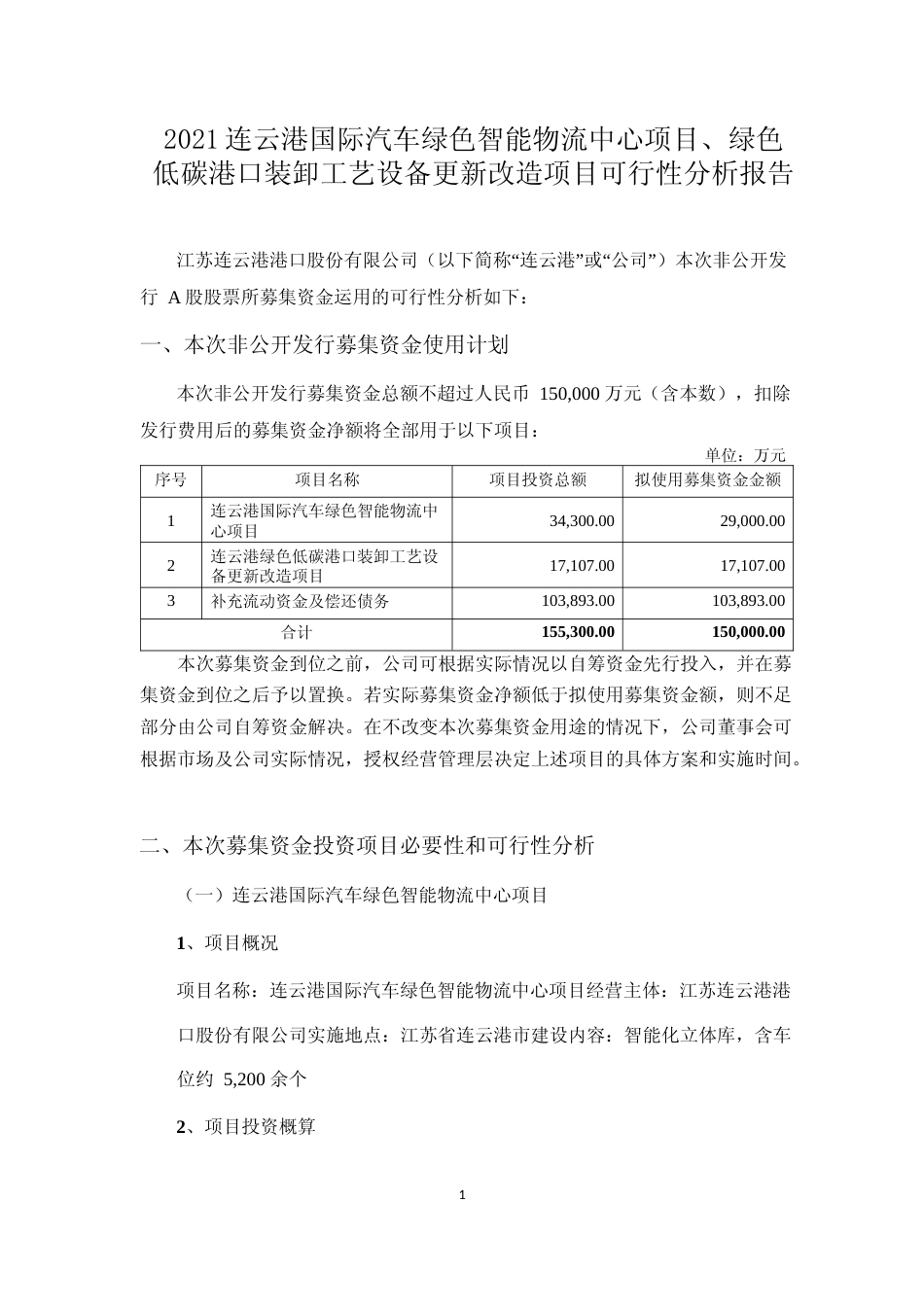 2021连云港国际汽车绿色智能物流中心项目、绿色低碳港口装卸工艺设备更新改造项目可行性分析报告_第1页