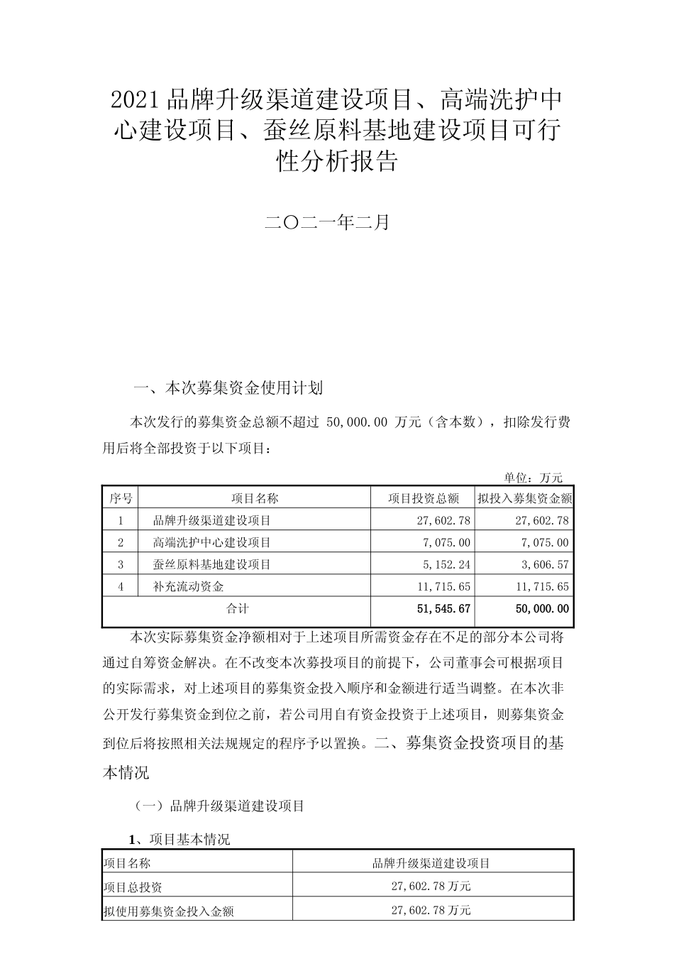 2021品牌升级渠道建设项目、高端洗护中心建设项目、蚕丝原料基地建设项目可行性分析报告_第1页