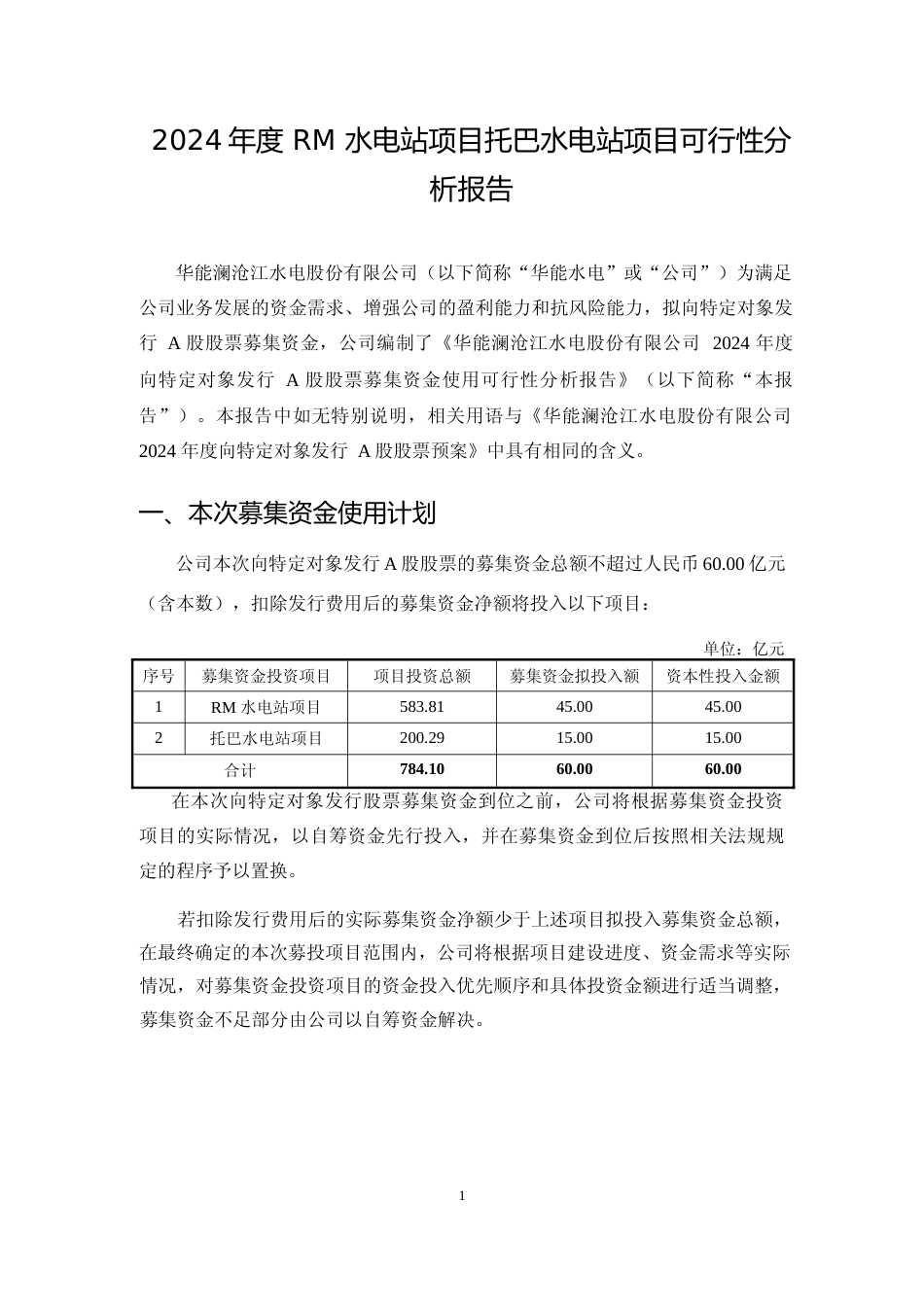 2024年度 RM 水电站项目托巴水电站项目可行性分析报告_第1页