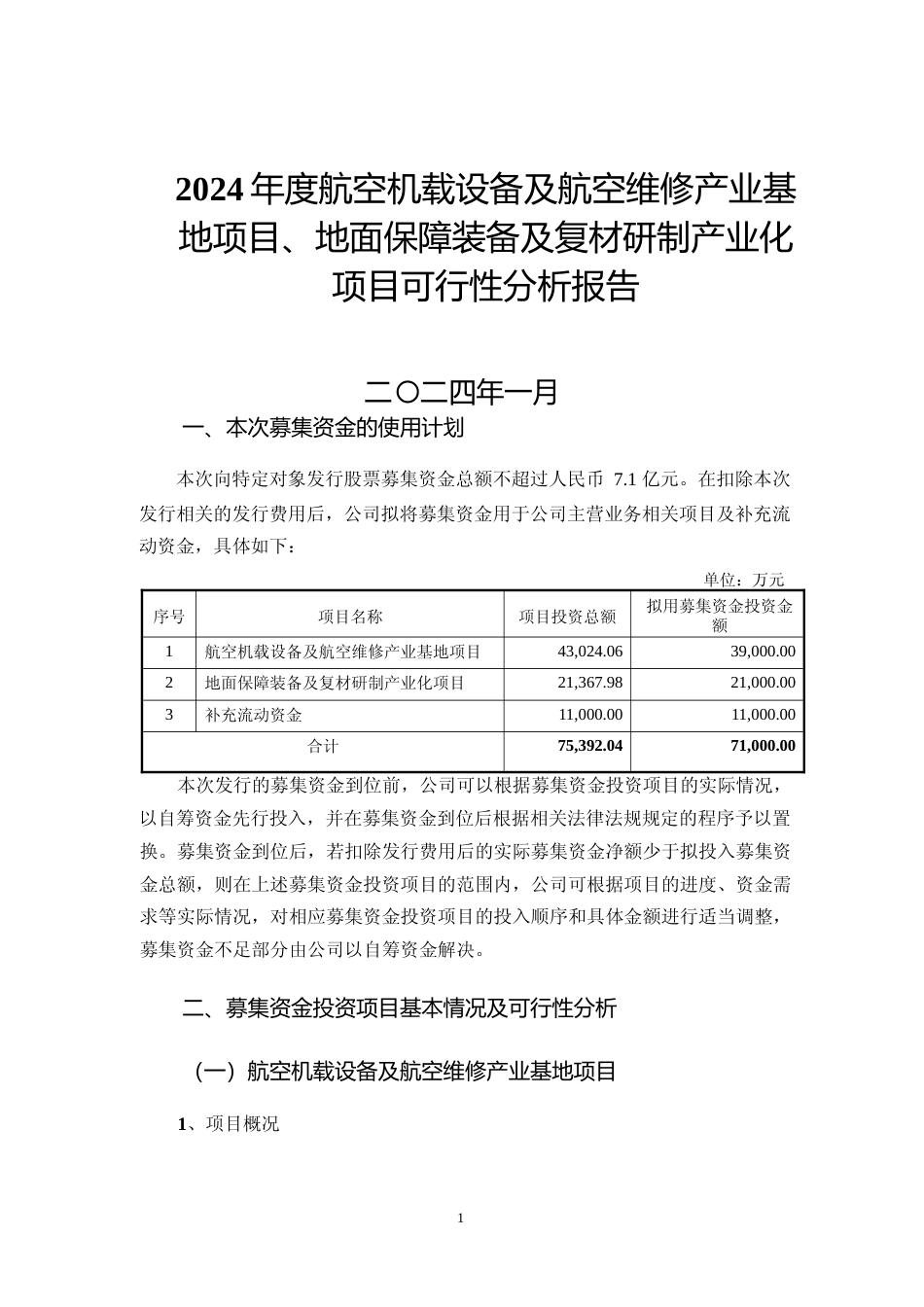 2024年度航空机载设备及航空维修产业基地项目、地面保障装备及复材研制产业化项目可行性分析报告_第1页