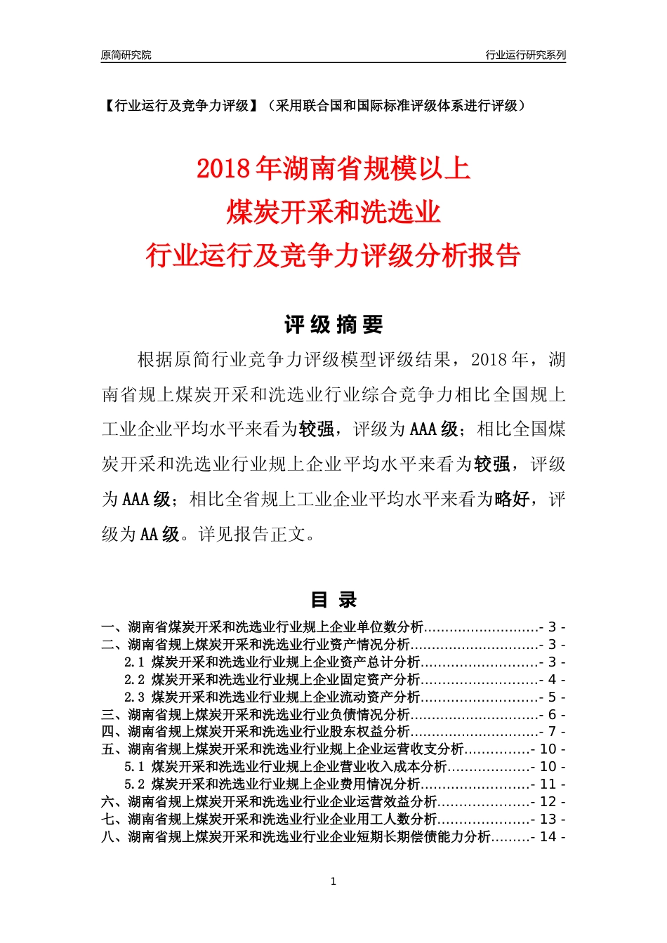[行业年报]2018年湖南省规模以上煤炭开采和洗选业行业运行及竞争力评级分析报告_第1页