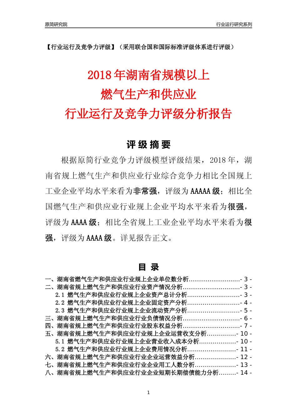 [行业年报]2018年湖南省规模以上燃气生产和供应业行业运行及竞争力评级分析报告_第1页