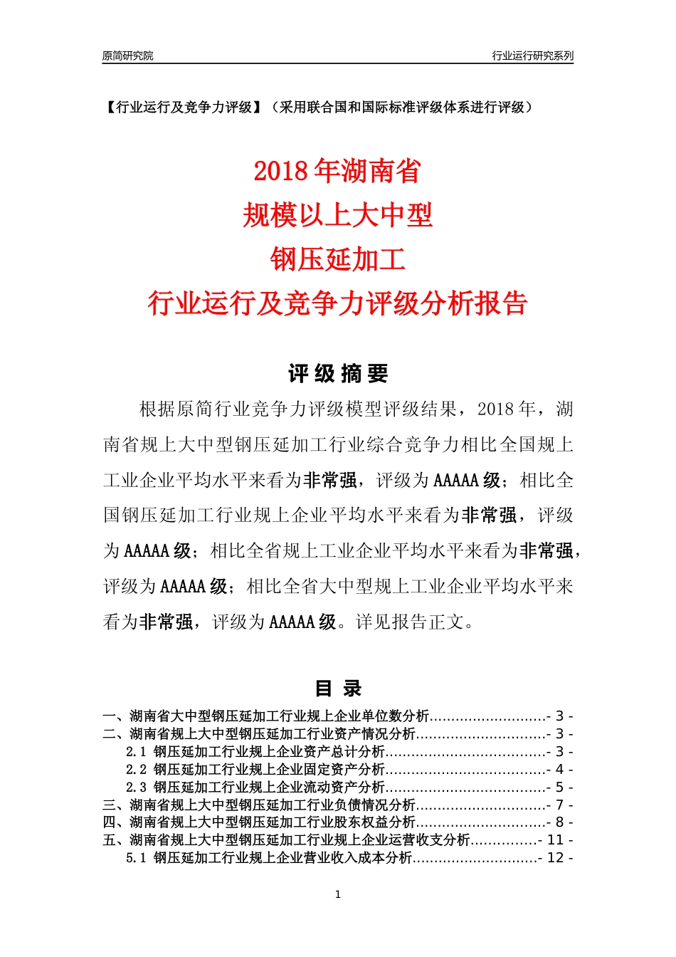[行业年报]2018年湖南省规上大中型钢压延加工行业运行及竞争力评级分析报告_第1页