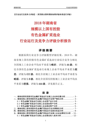 [行业年报]2018年湖南省规上国有控股有色金属矿采选业行业运行及竞争力评级分析报告