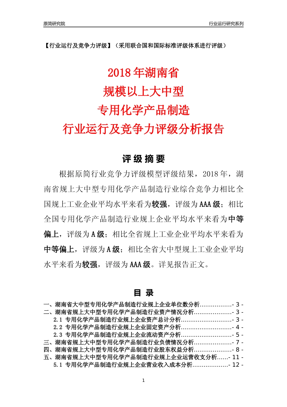 [行业年报]2018年湖南省规上大中型专用化学产品制造行业运行及竞争力评级分析报告_第1页