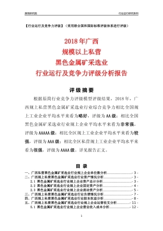 [行业年报]2018年广西规上私营黑色金属矿采选业行业运行及竞争力评级分析报告