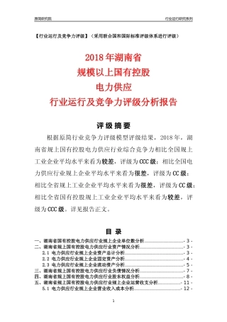 [行业年报]2018年湖南省规上国有控股电力供应行业运行及竞争力评级分析报告