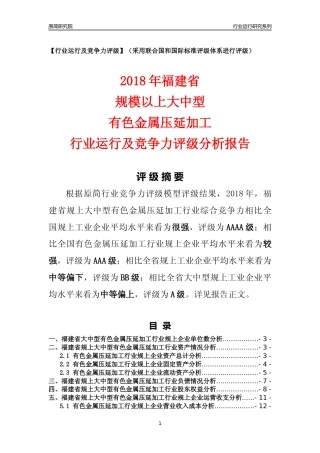 [行业年报]2018年福建省规上大中型有色金属压延加工行业运行及竞争力评级分析报告