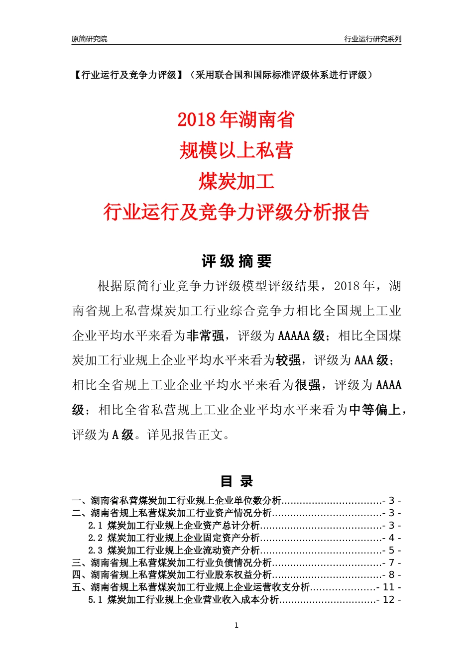 [行业年报]2018年湖南省规上私营煤炭加工行业运行及竞争力评级分析报告_第1页