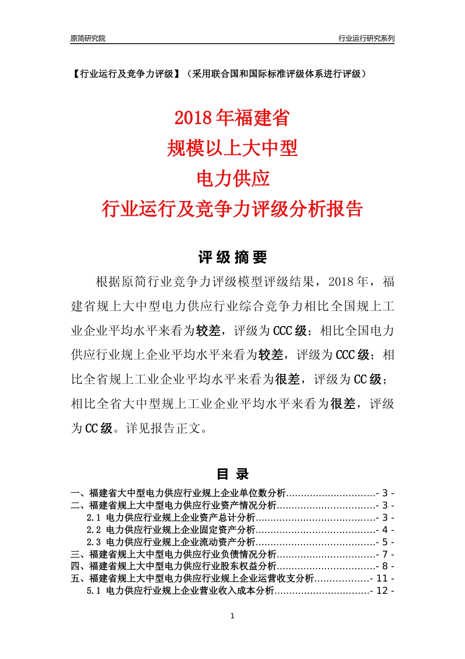 [行业年报]2018年福建省规上大中型电力供应行业运行及竞争力评级分析报告_第1页