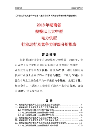 [行业年报]2018年湖南省规上大中型电力供应行业运行及竞争力评级分析报告