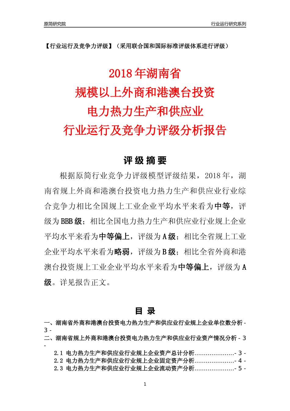 [行业年报]2018年湖南省规上外商和港澳台投资电力热力生产和供应业行业运行及竞争力评级分析报告_第1页
