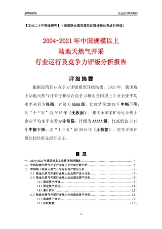 [工业变迁]2004-2021年中国规上陆地天然气开采行业运行及竞争力评级分析报告