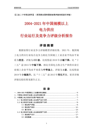 [工业变迁]2004-2021年中国规上电力供应行业运行及竞争力评级分析报告