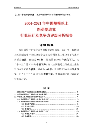 [工业变迁]2004-2021年中国规上医药制造业行业运行及竞争力评级分析报告
