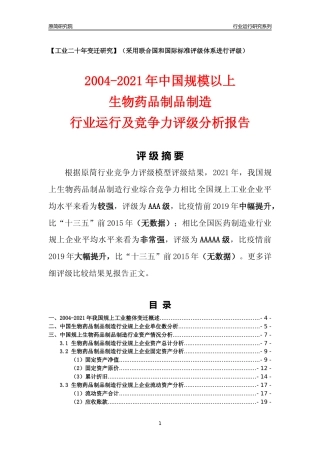 [工业变迁]2004-2021年中国规上生物药品制品制造行业运行及竞争力评级分析报告