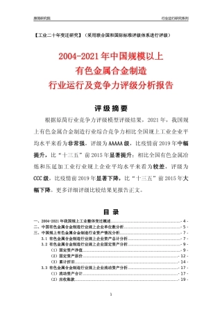 [工业变迁]2004-2021年中国规上有色金属合金制造行业运行及竞争力评级分析报告