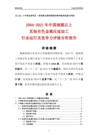 [工业变迁]2004-2021年中国规上其他有色金属压延加工行业运行及竞争力评级分析报告