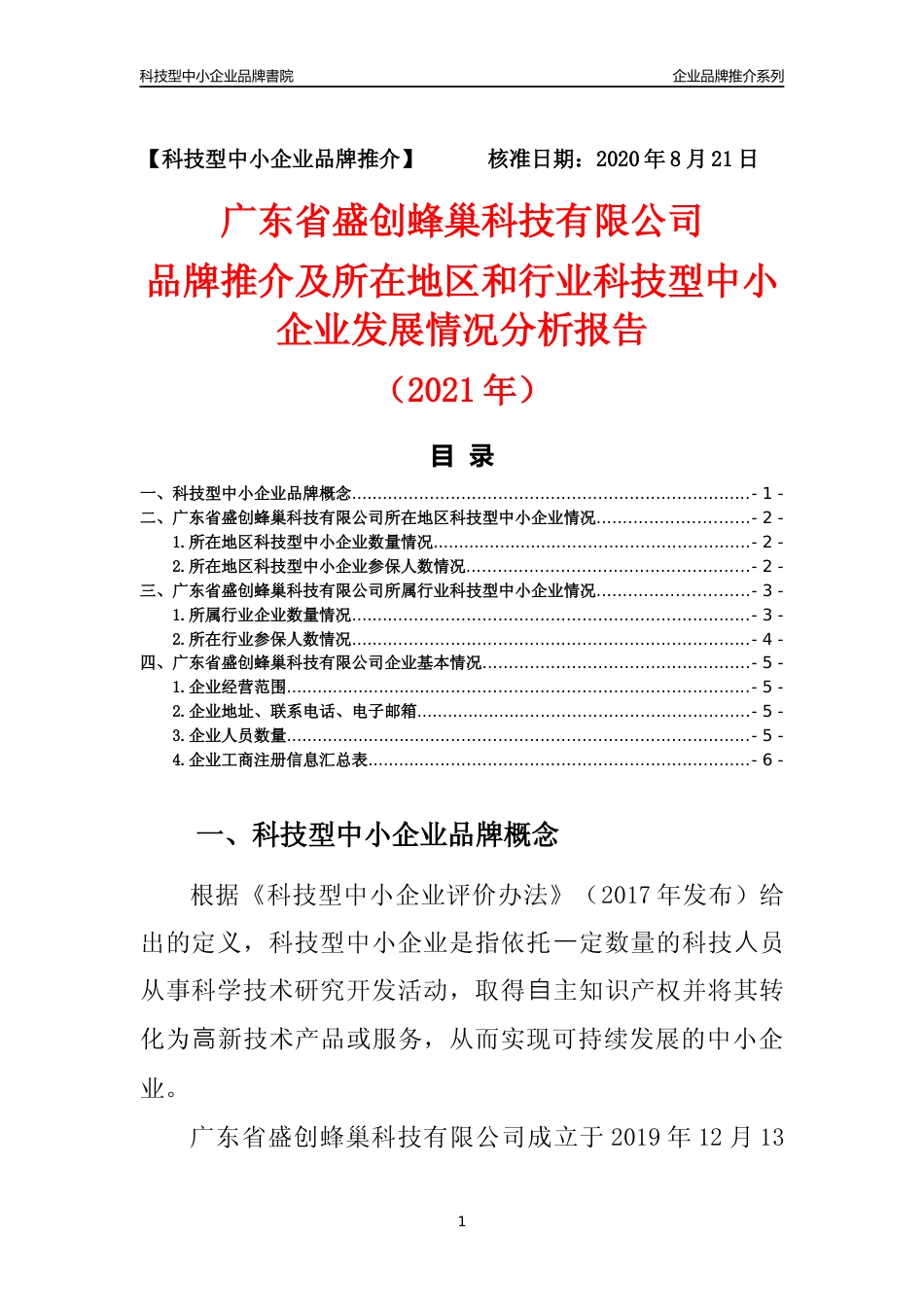 【科技型中小企业】广东省盛创蜂巢科技有限公司品牌推介及所在地区和行业企业发展情况分析报告（2021年）_第1页
