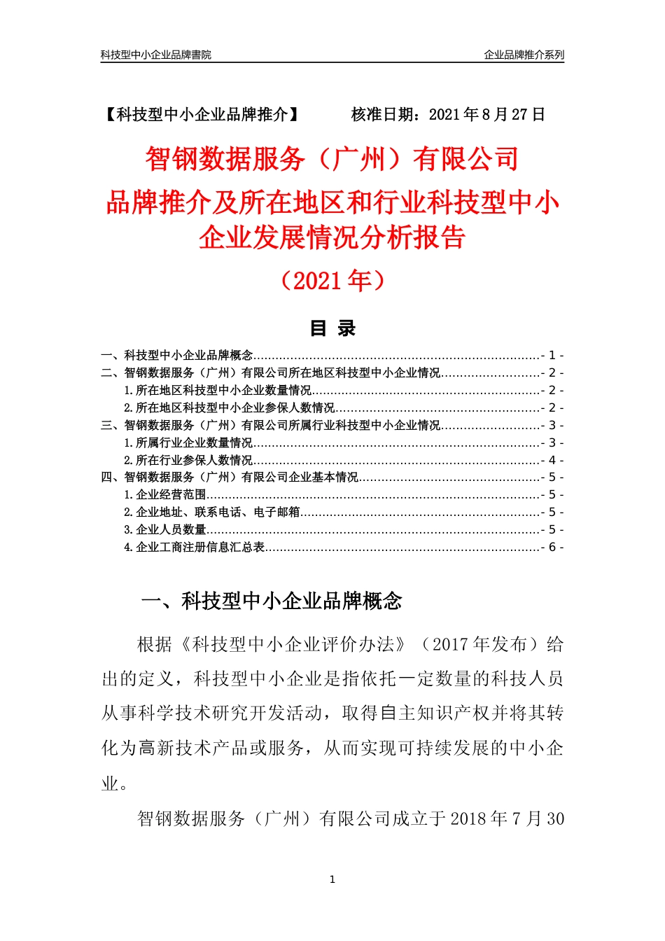 【科技型中小企业】智钢数据服务（广州）有限公司品牌推介及所在地区和行业企业发展情况分析报告（2021年）_第1页