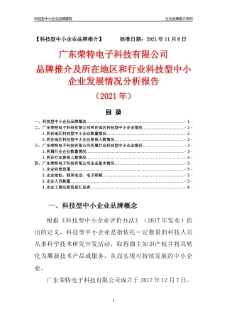 【科技型中小企业】广东荣特电子科技有限公司品牌推介及所在地区和行业企业发展情况分析报告（2021年）