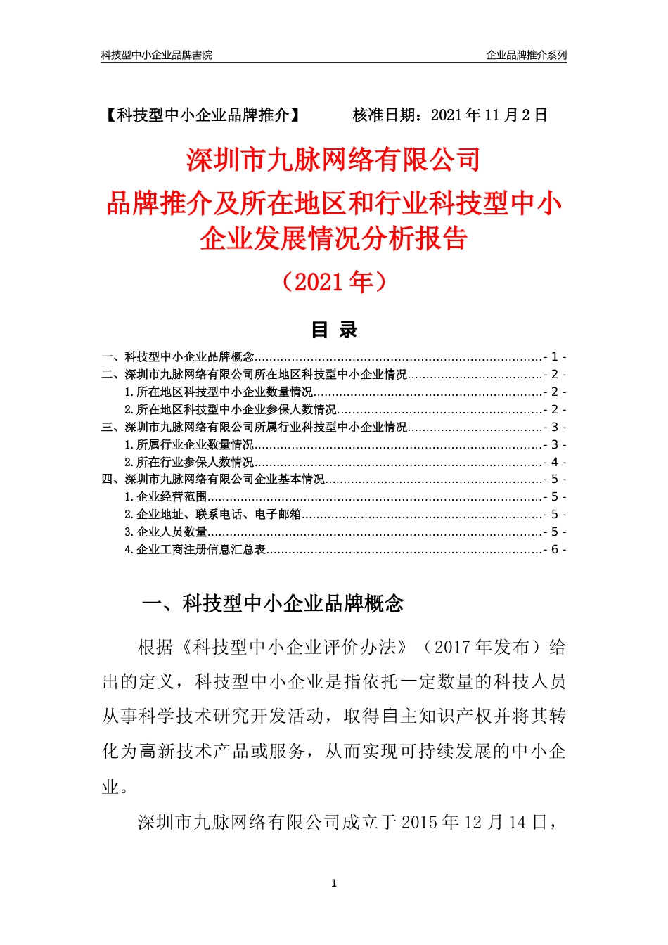 【科技型中小企业】深圳市九脉网络有限公司品牌推介及所在地区和行业企业发展情况分析报告（2021年）_第1页