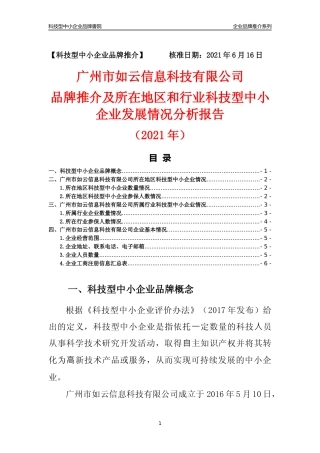 【科技型中小企业】广州市如云信息科技有限公司品牌推介及所在地区和行业企业发展情况分析报告（2021年）